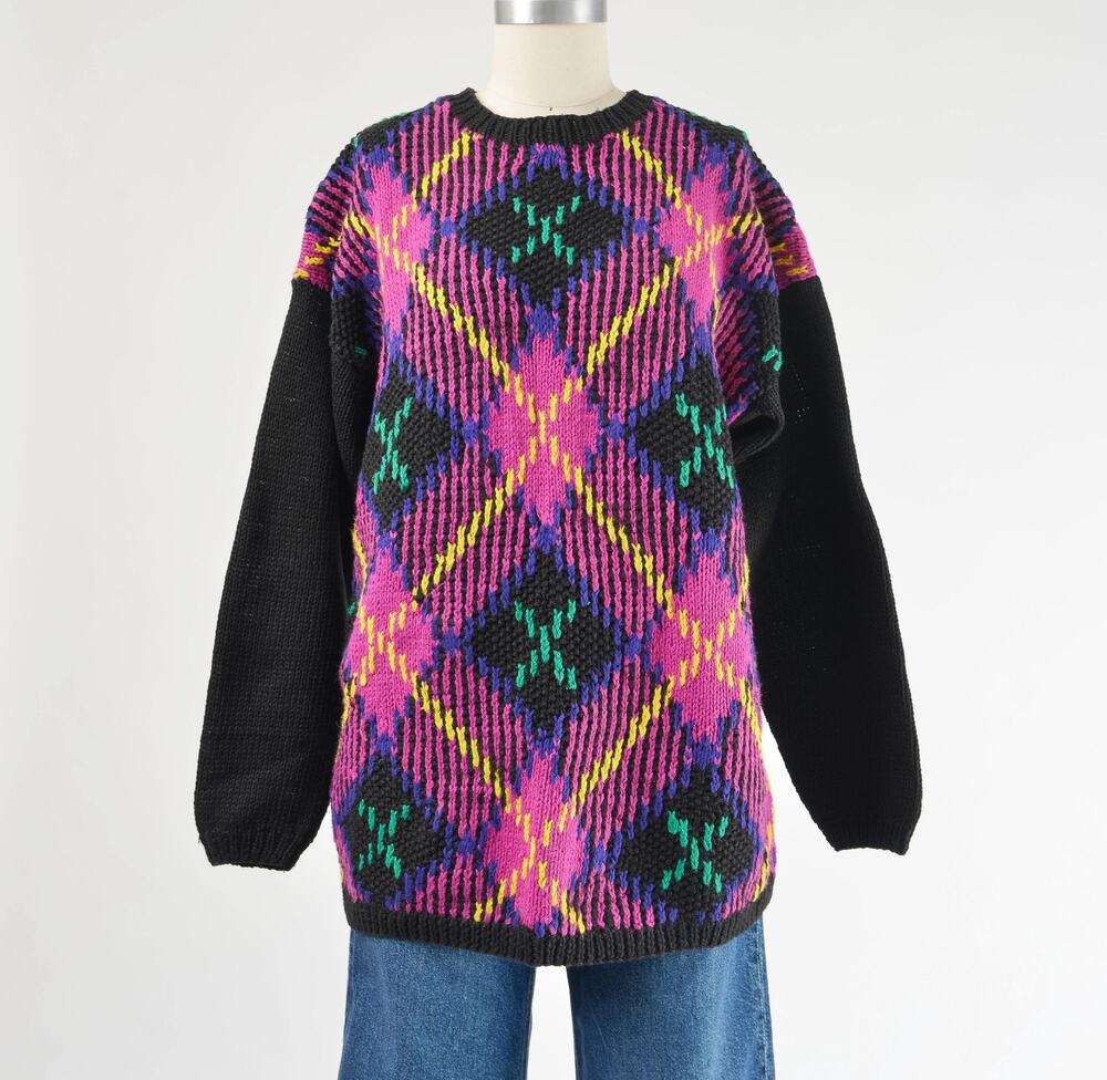 Vintage 90s Black and Pink Plaid Chunky Knit Cotton Ramie Oversized Sweater S